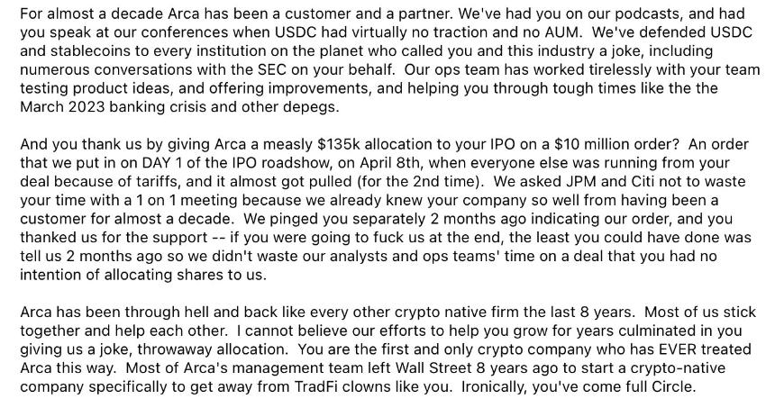 Arca 在 IPO 和纽约证券交易所上市后向 Circle 致以“最良好的祝愿”:“祝你成功”